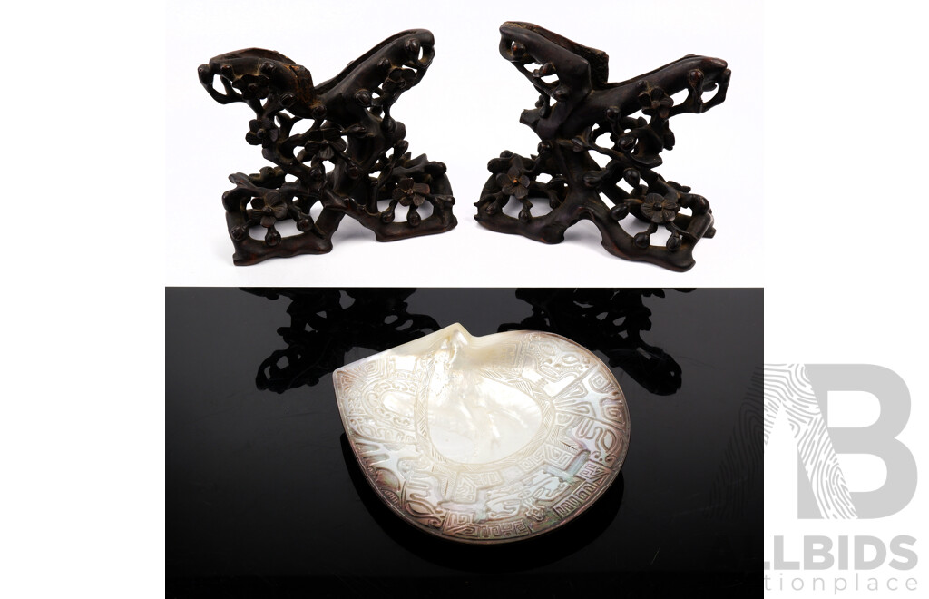 Hand Carved Pearl Shell with Pair Hand Carved Wooden Stands with Carved Floral Motif