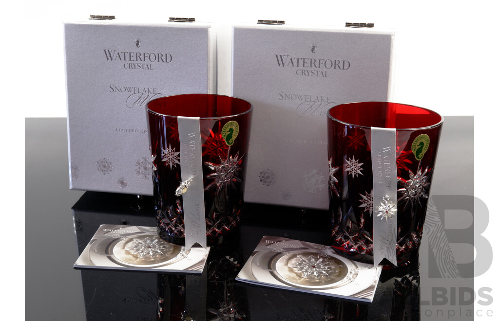 Pair Limited Editions Waterford Crystal Ruby Red Flashed Tumblers in Snowflake Wishes Design in Original Boxes