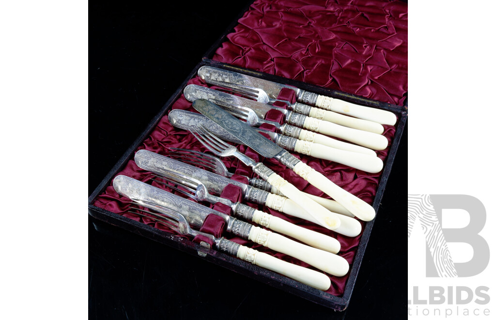 Antique Mid Victorian Ivory Handled Engraved Knife and Fork Set in Original Case