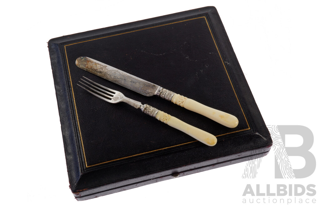 Antique Mid Victorian Ivory Handled Engraved Knife and Fork Set in Original Case
