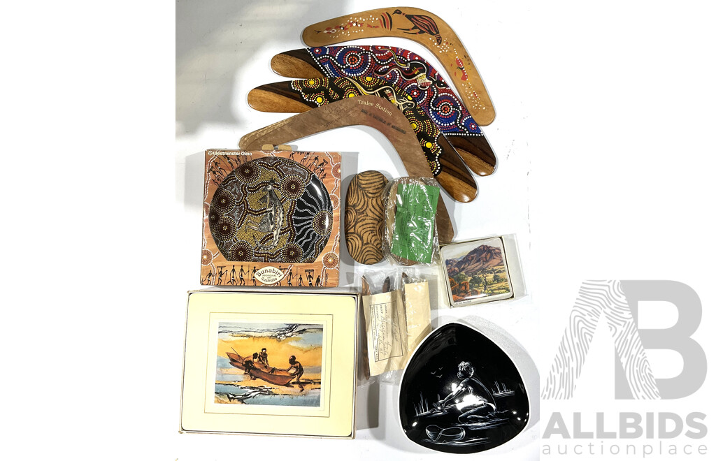 Collection Australain Indigenous Aboriginal Souvineerware Pieces Including Four Boomerangs, Three Hand Carved Wooden Pokerwork Decorated Pitjatjatara Goannas with Two Coolomons and More