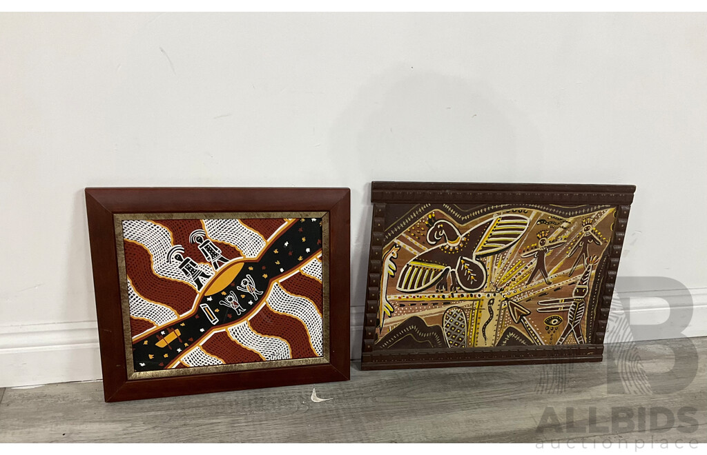 Two Aboriginal Style Paintings, Unsigned, Acrylic on Board (2)