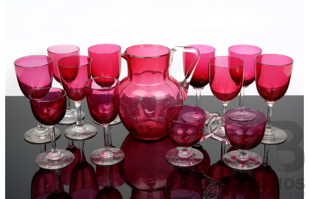 Collection Vintage Cranberry Glass Items Including Jug