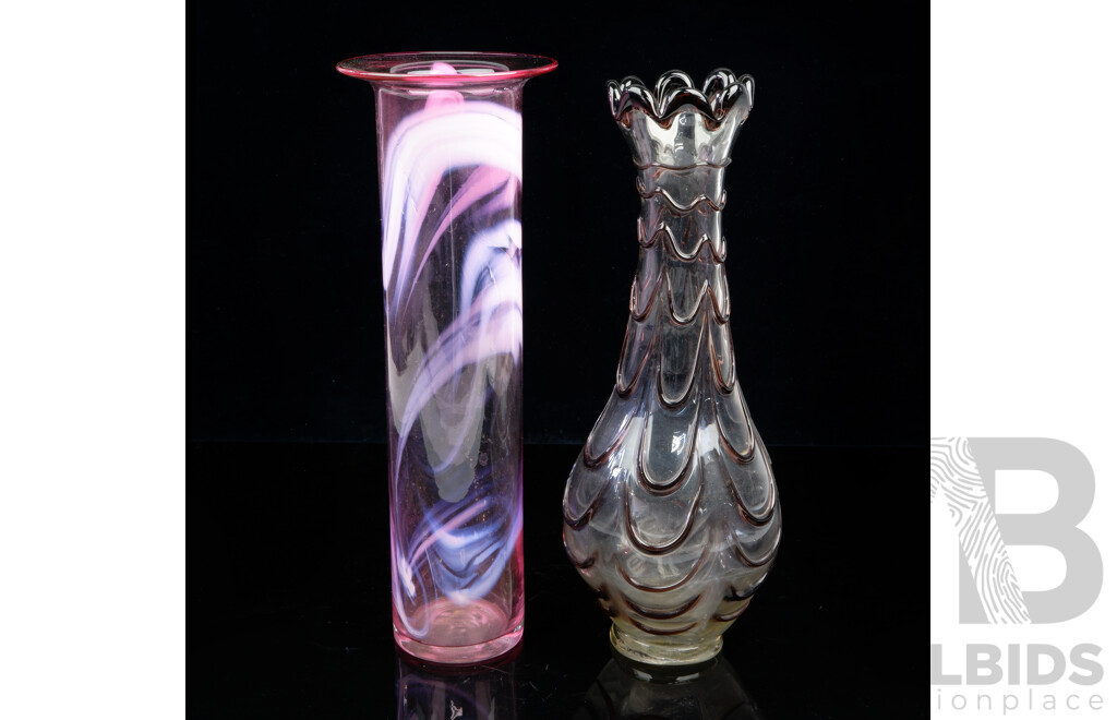 Hand Blown Studio Art Glass Pink Cylinder Glass Vase by Richard Morrell Along with Hand Blown Studio Art Glass Vase with Drip Effect