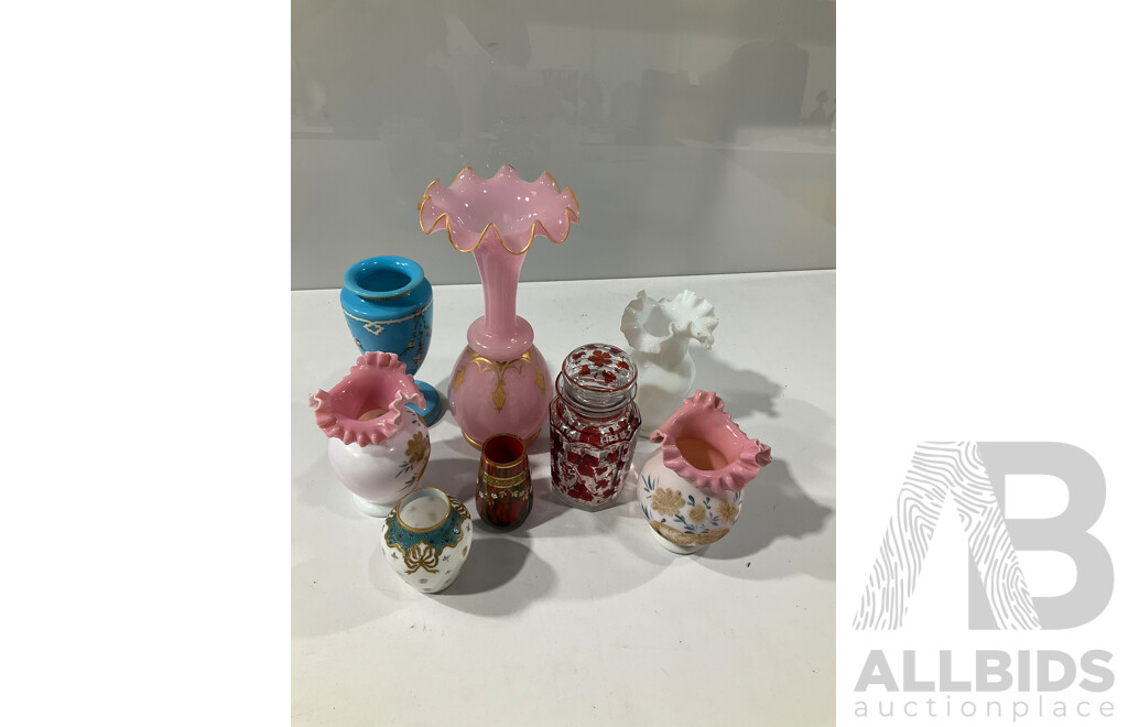 Collection Vintage Coloured Glass Including Milk Glass Example, Examples with Ruffled Rims and More