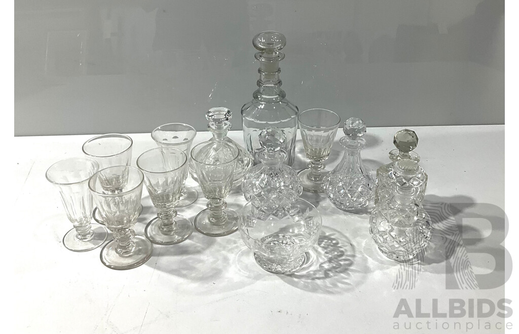 Collection Antique & Vintage Crystal Including Late Victorian Three Ring Decanter with Stopper, Stuart Crystal Coupe and More