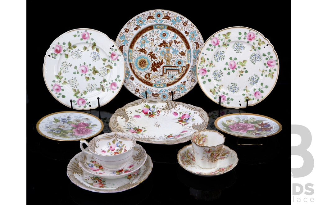 Collection Antique & Vintage Porcelain Including Victorian Trio, Pair Limoges Display Plates, Pair Antique Plates with Meissen Marks to Rear and More