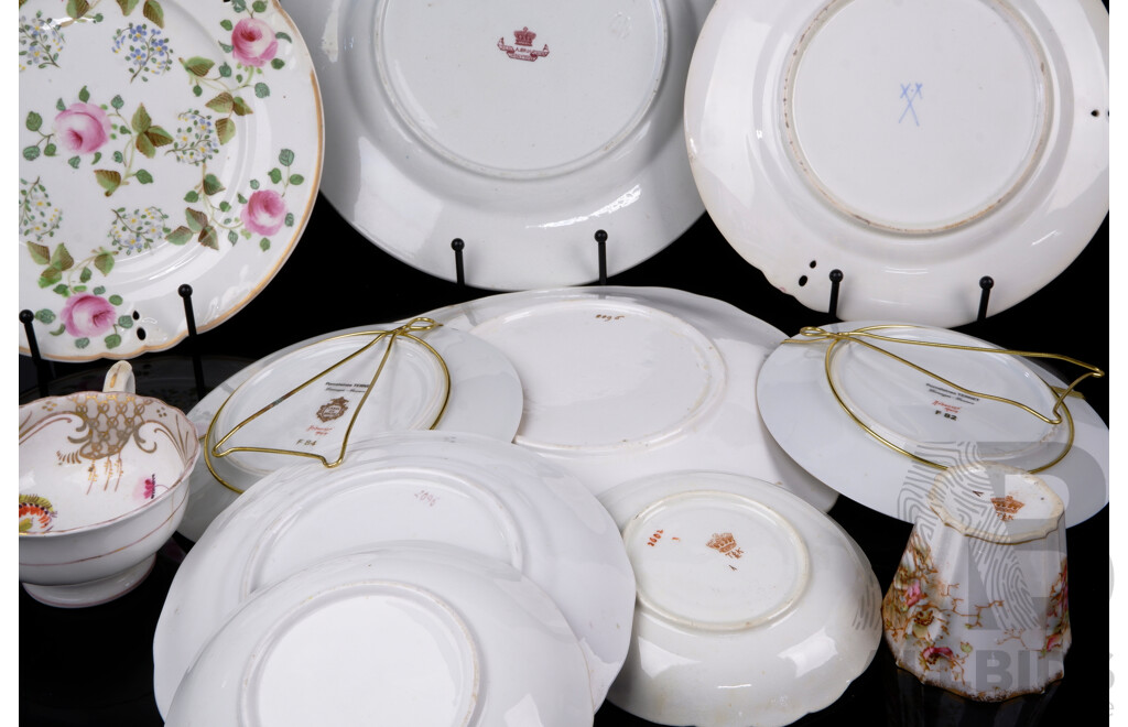 Collection Antique & Vintage Porcelain Including Victorian Trio, Pair Limoges Display Plates, Pair Antique Plates with Meissen Marks to Rear and More