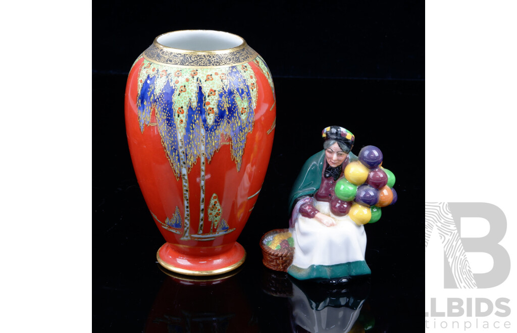 Royal Doulton, the Old Balloon Seller, HN 2129 Along with Carlton Ware Hand Painted Porcelain Vase