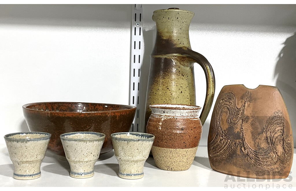 Collection Seven Pieces Australian Studio Pottery Including Belltower Kybram Tall Lidded Pitcher, Three Tumblers by Cannie Ridge Pottery and More