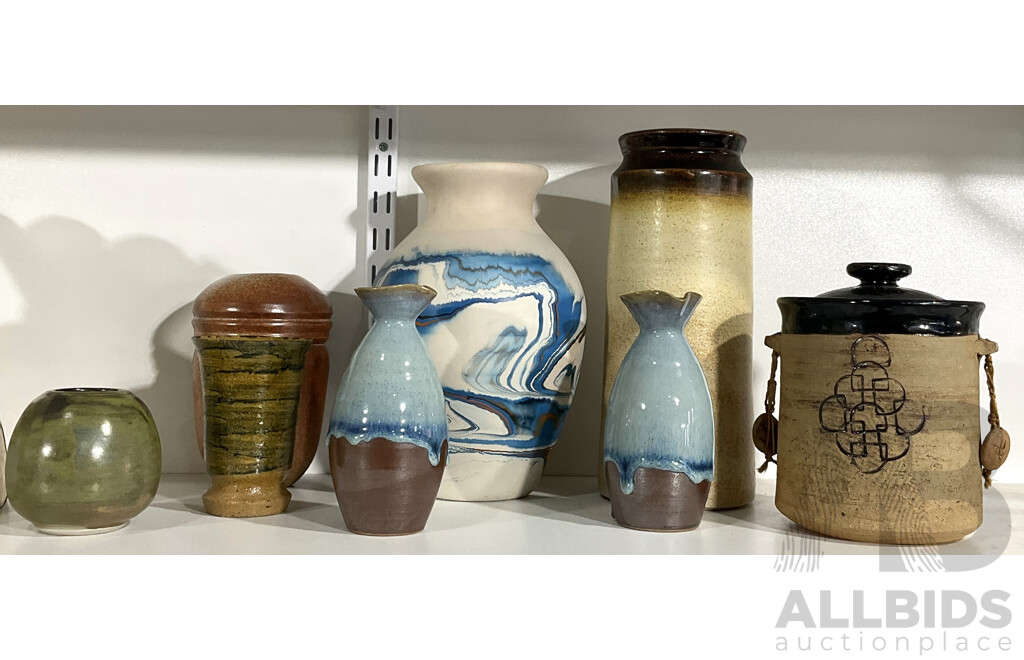 Collection Eight Pieces Australian and Other Studio Pottery Including USA Nemadji Pottery White and Blue Vase and More