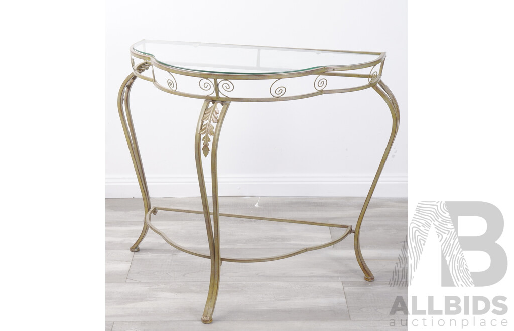 Metal Serpentine Front Glass Top Hall Table