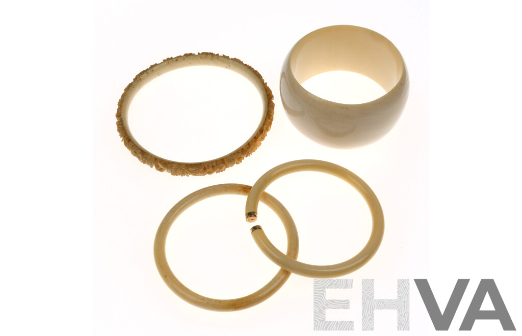 Four Vintage Ivory Bracelets Inclduing a Carved Example