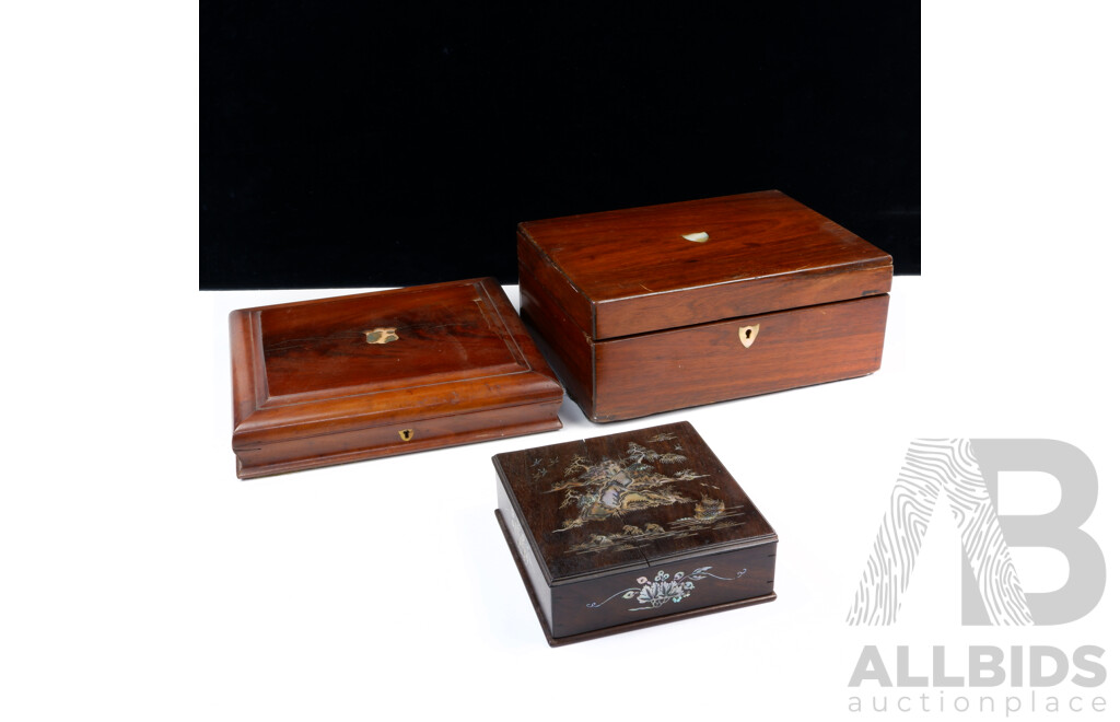 Two Antique Lined Mahogany Boxes and a Mother of Pearl Inlaid Box