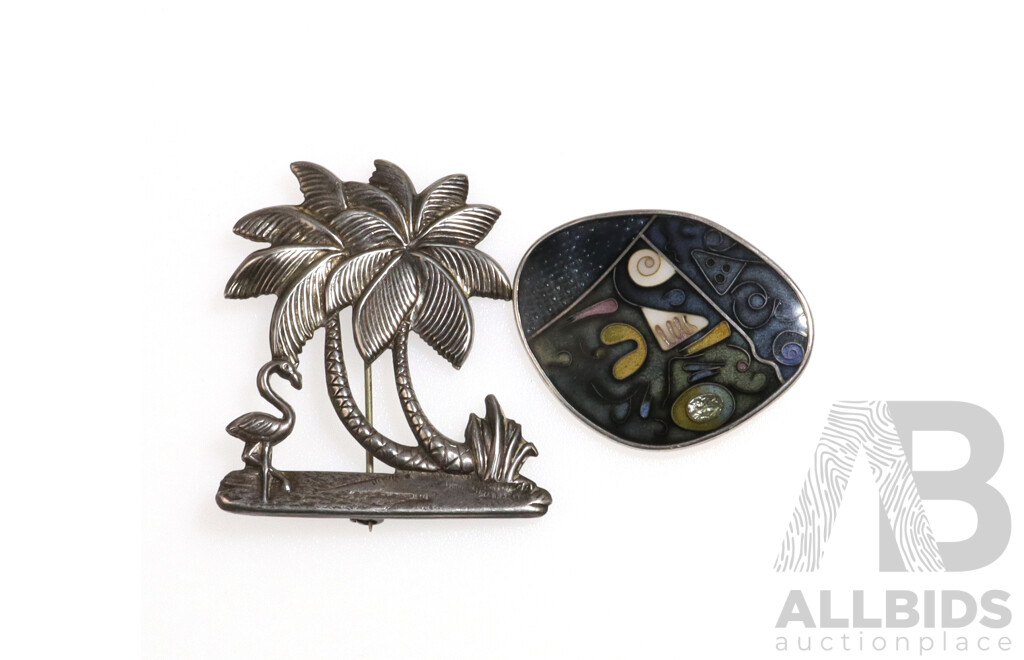Modernist Abstract Enamel Brooch and Sterling Silver Tropical Brooch