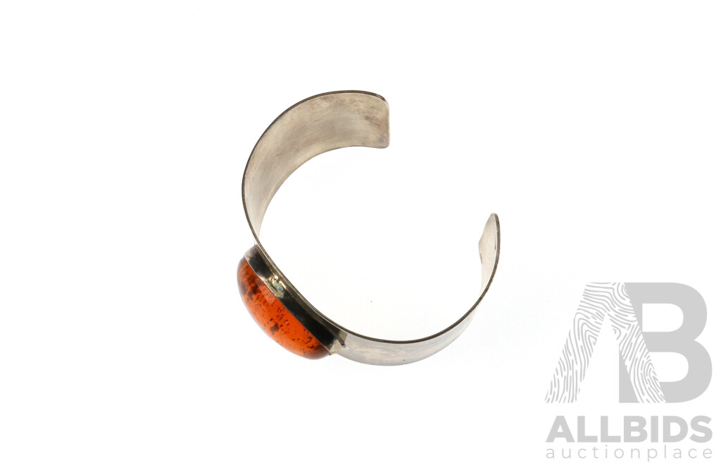 Large Cuff Bracelet with Amber Cabochon and Amber Brooch