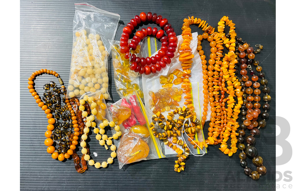 Quantity of Predominately Amber Necklaces and Loose Beads and More