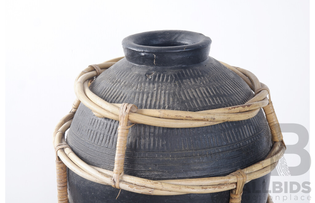 Japanese Ceramic Plant Vase with Bamboo Casing