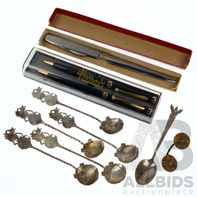 Sterling Silver (6) Vintage Spoons, Vintage Combination Letter Opener/pocket Knife and Harrods Boxed Pen Set
