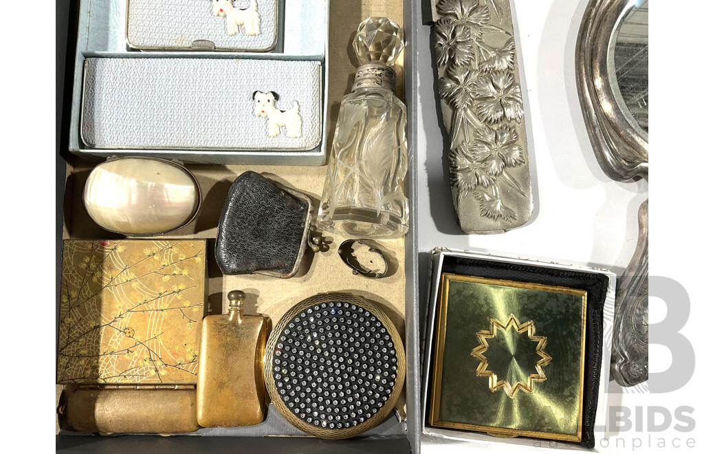 Collection of Vintage Compacts, a Hand Mirror, Perfume Bottle and More