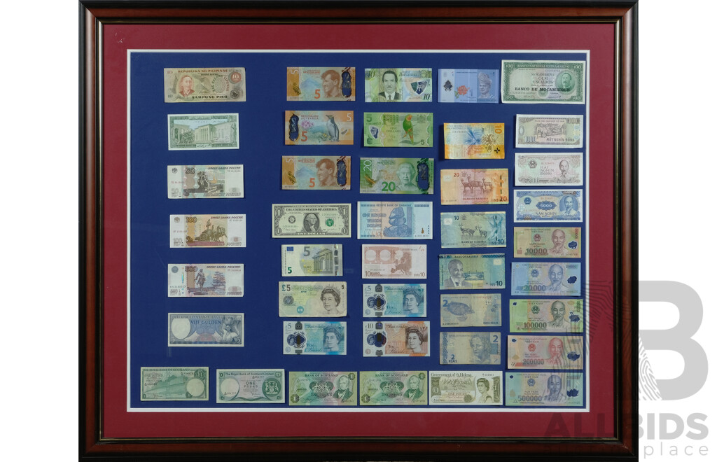 Framed Selection of International Paper and Polymer Bank Notes Including US $1 Star Note, New Zealand, Scottland, St Helena, Vio, Phillipines, Zimbetnam, USA, Brazil, Nambia, Maylasia, Botswanna, Fiji, United Kingdom, Eurabwe, Russia, Netherlands