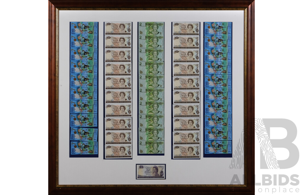 Framed Selection of Paper and Polymer Bank Notes From New Zealand and Fiji, Including NZ $2 Star Note, Fiji 2017 Seven Dollar Notes