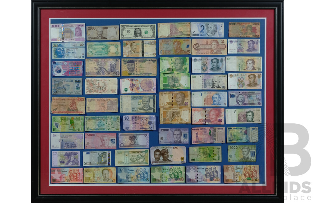 Framed Selection of Paper and Polymer Bank Notes Including Sierra Leone, Brazil, Indonesia, USA, Botswana, New Zealand, Argentina, Uganda, Chile, Fiji, Ghana, Nigeria