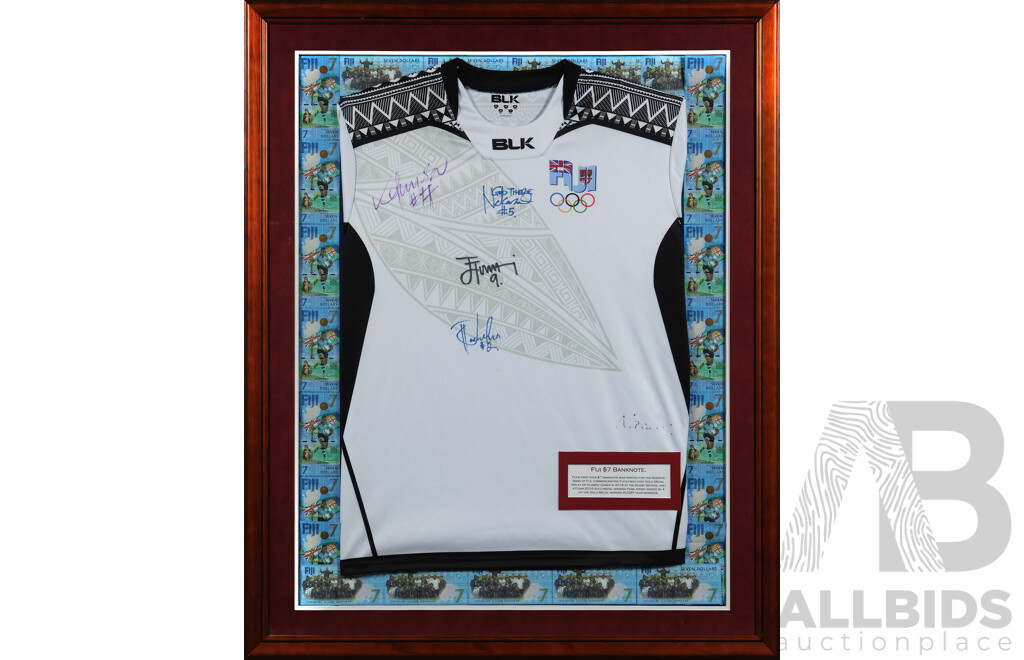 Framed Fiji 2016 Olympic Rugby Sevens Jersey with Signatures and Fiji Seven Dollar Note Backing
