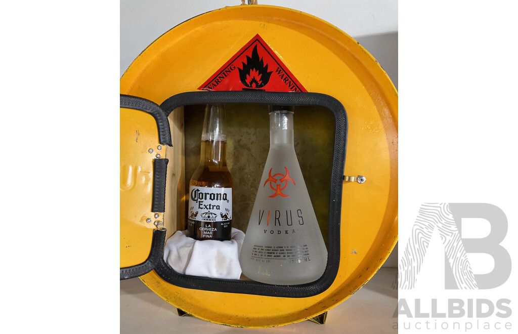 Repurposed Fuel Can Labelled 'Contents Corona-Virus' and Contains Bottle of Virus Vodka and Corona Beer