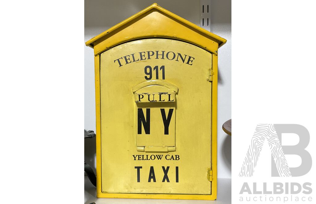 Metal Telephone NY Yellow Taxi Cab Storage Box with a Bottle of Jack Daniels, Two Cans of Coca Cola and Two Jack Daniel Branded Glasses