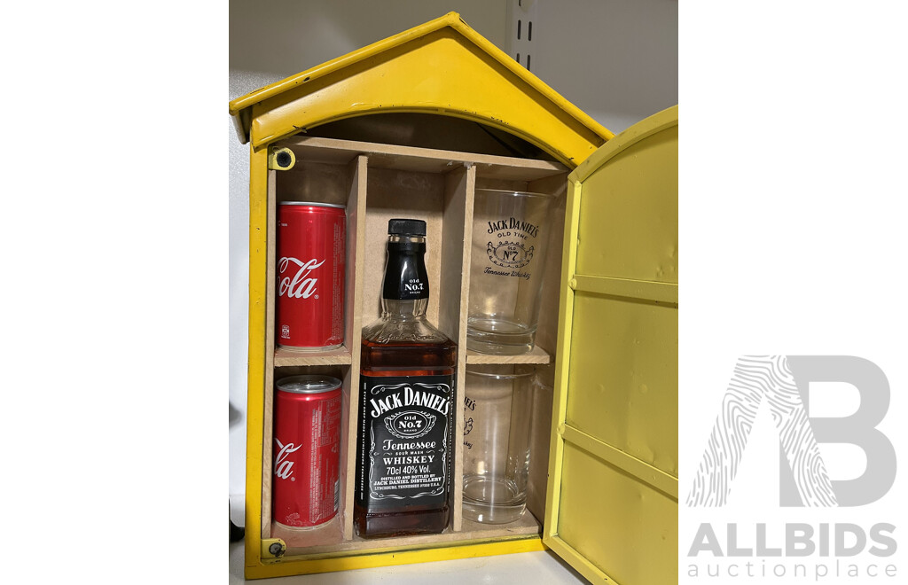Metal Telephone NY Yellow Taxi Cab Storage Box with a Bottle of Jack Daniels, Two Cans of Coca Cola and Two Jack Daniel Branded Glasses