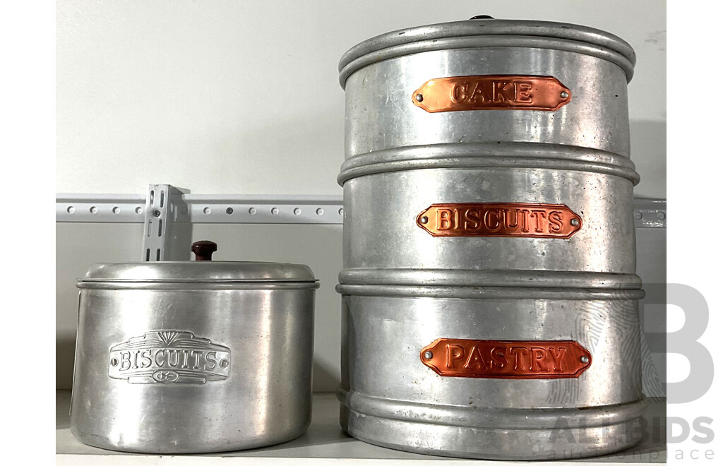 Vintage Aluminium Stacking Kitchen Cannisters and Extra Biscut Tin