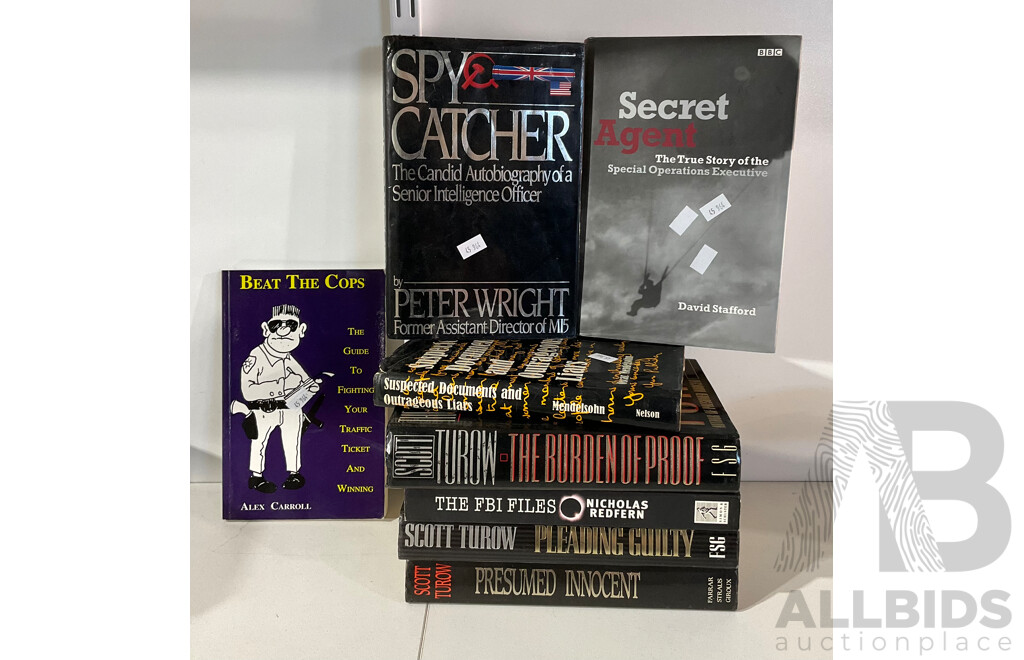 Quantity of Eight Books Including Scott Turow Novels Presumed Innocent, the Burden of Proof and Pleading Guilty, as Well as the FBI Files and More