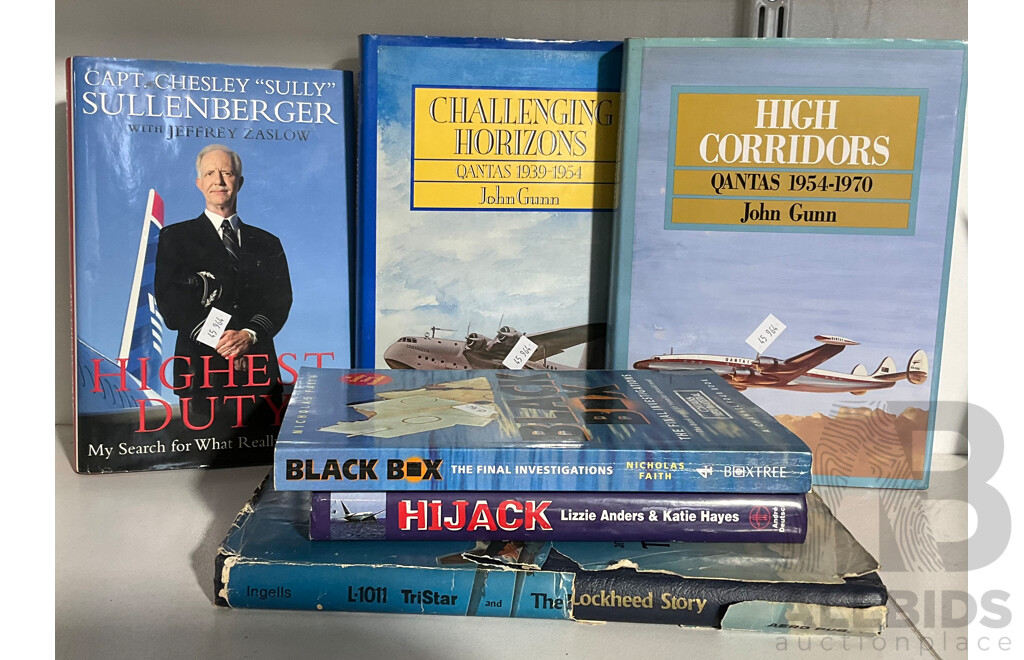 Quantity of Six Books Including Two Volumes of the History of Qantas, Highest Duty Regarding Cptn ‘Sully’ Sullenberger, Blackbox Investigations and More