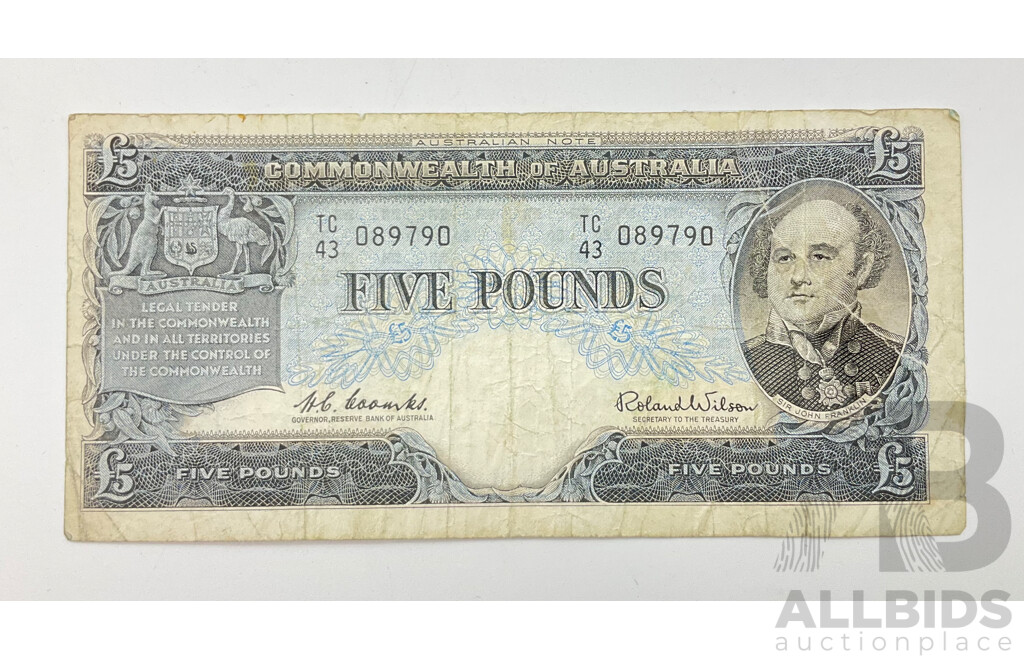 Australian Five Pound Note, Coombs/Wilson, TC 43