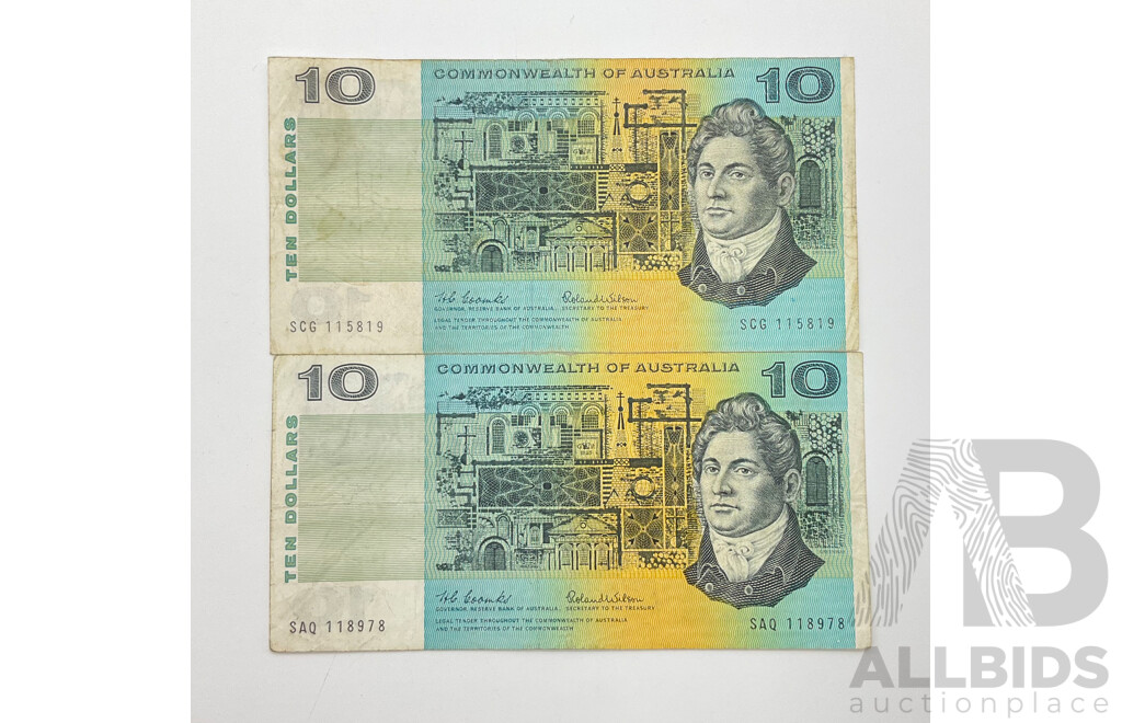 Two Australian 1966 COA Ten Dollar Notes, Coombs/Wilson SAQ and SCG