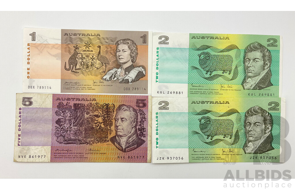 Four Australian Paper Bank Notes, Five Dollar Knight/Wheeler NVE, Two Dollar(2) Johnston/Stone KQL, JZK, One Dollar Knight/Stone DBX