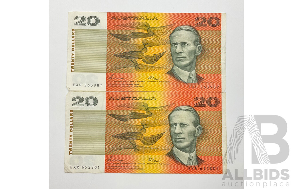 Two 1989 Australian Twenty Dollar Paper Bank Notes, Phillips/Fraser EXS, EXR