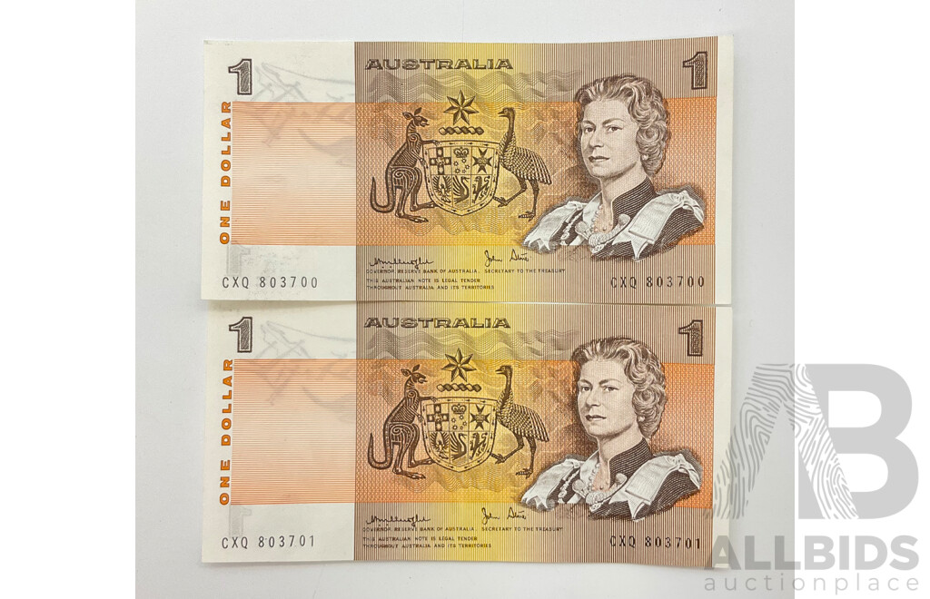 Two Australian One Dollar Consecutive Notes, Knight/Stone CXQ 803700-CXQ803701