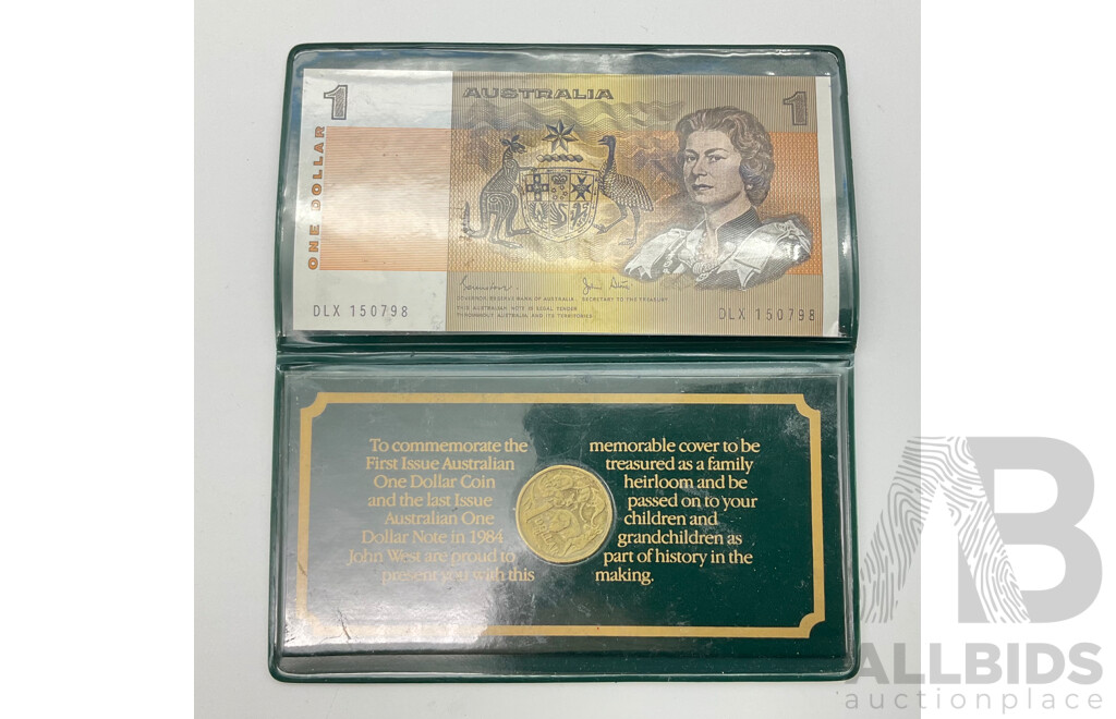 Australian John West One Dollar First Coin Last Note Folder, DLX