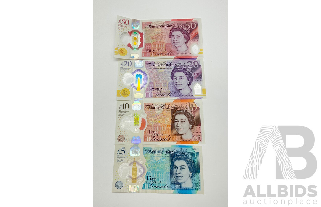 Five United Kingdom Polymer Pound Notes, Fifty Pound (2020) Twenty Pound (2018) Ten Pound (2016) Five Pound (2015)