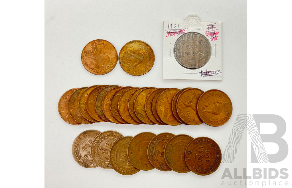 Australian 1920 KGV Pennies(6) 1956 KGVI Pennies(16) 1964(2) and 1931 KGV