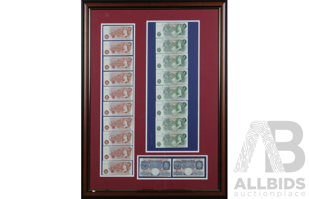 Framed Collection of United Kingdom Currency Including Eight Consecutive One Pound Notes HZ05657431- HZ05657438, Ten Consecutive Ten Shilling Notes C40N712591- C40N71260 and Two 1940's One Pound Notes0