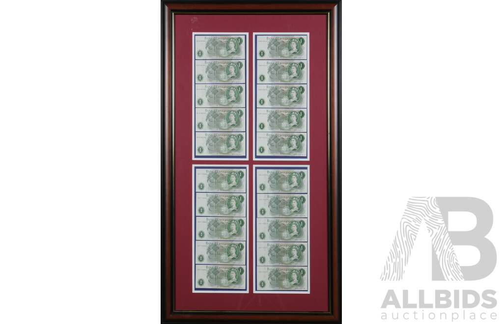 Framed Collection of Consecutive Bank of England One Pound Notes DY19261950-DY19261954, R25D033140-R25D033144, HU47026826-HU47026830, HX21632074-HX21632078