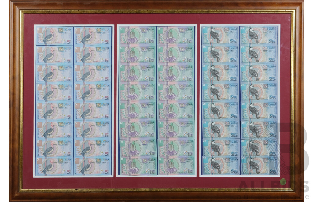 Framed Collection of Suriname Consecutive Bank Notes, Five Dollar AL461729-AL461744, Ten Dollar AN186633-AN186648, Twenty Five Dollar AU800140-AU800155