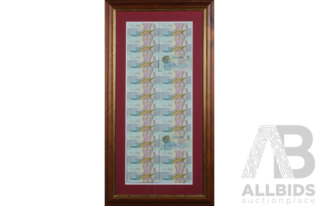 Framed Collection of Cook Islands Three Dollar Notes (Mostly Consecutive)