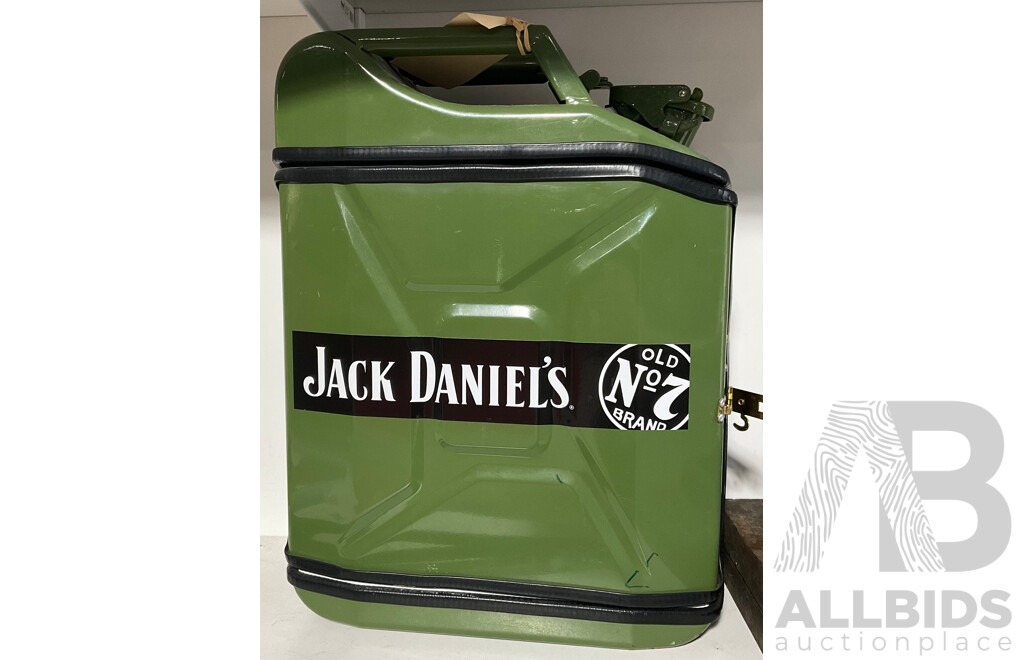 Repurposed Jerry Can Containing a Bottle of Jack Daniels and Three Branded Glasses