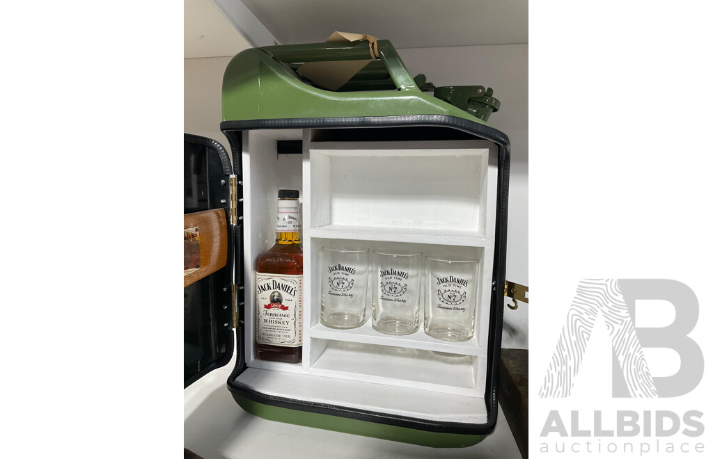 Repurposed Jerry Can Containing a Bottle of Jack Daniels and Three Branded Glasses