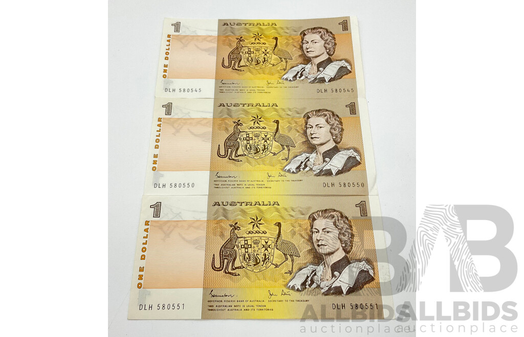 Three Australian One Dollar Notes Johnston/Stone DLH 580545 DLH 580550 DLH 580551