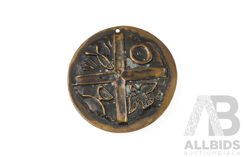 Interesting Copper Handmade Medallian Featuring Dagger, Dove, Fish, Cup, Halo and Cross 45mm, 35.25grams